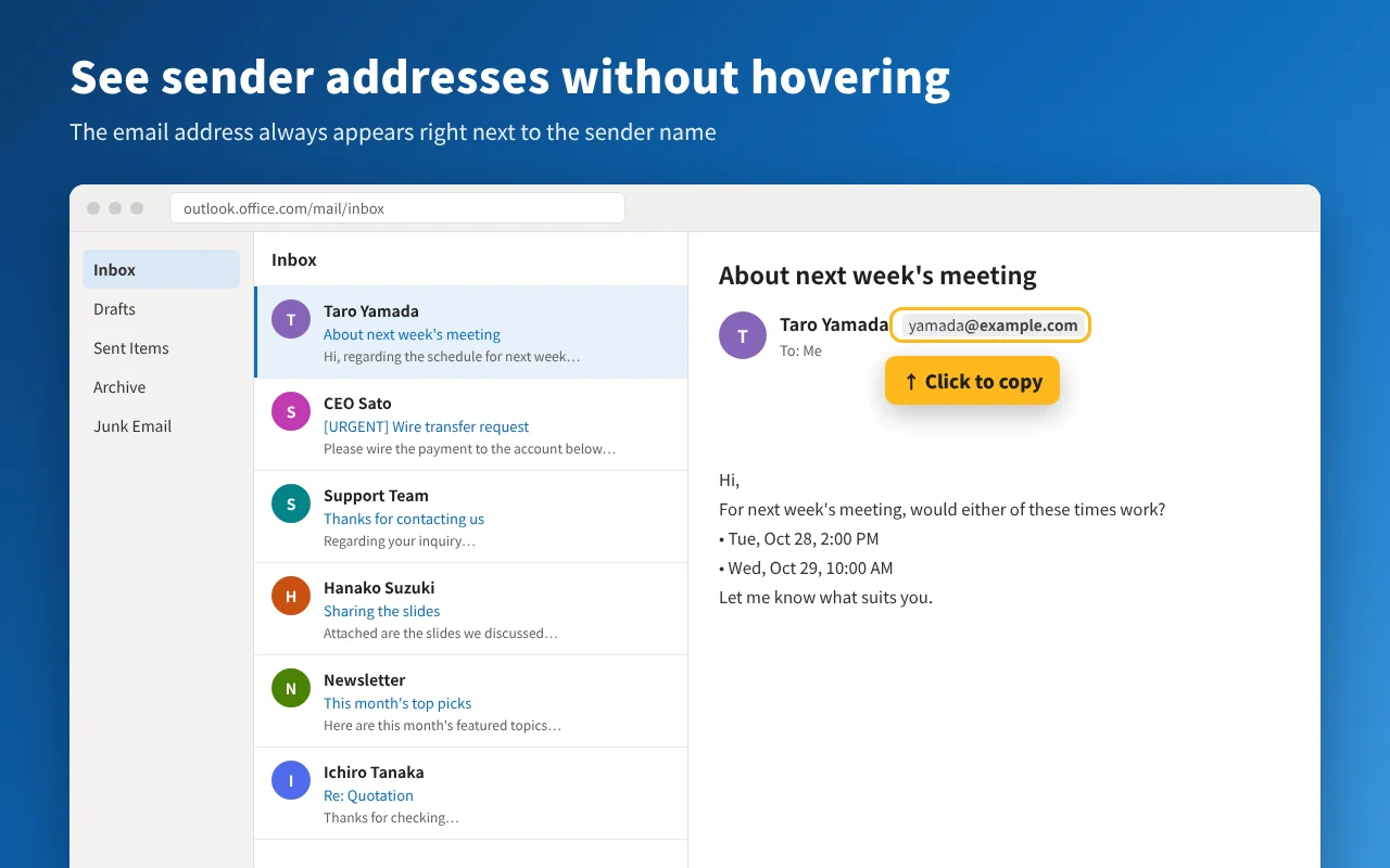 Reading pane with the sender's address shown next to the name