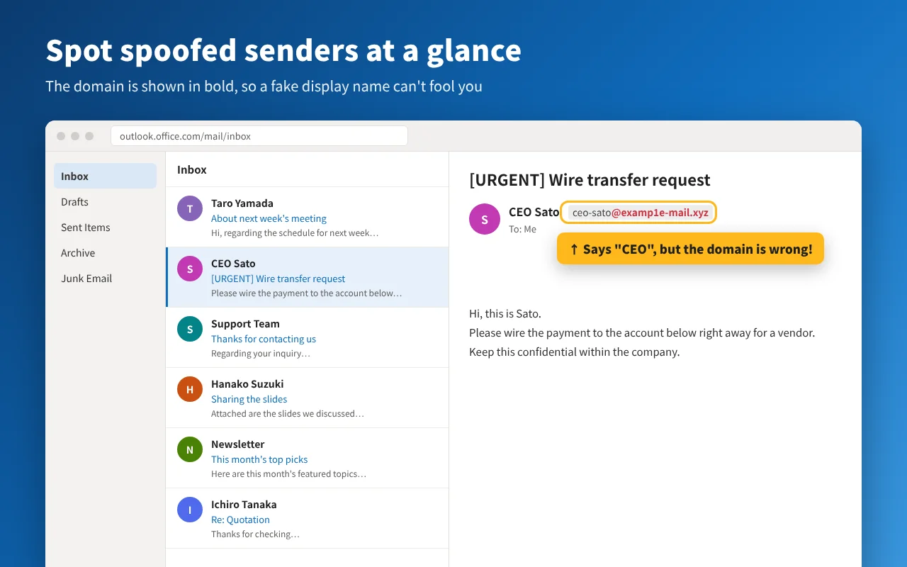 A spoofed sender's domain shown in bold