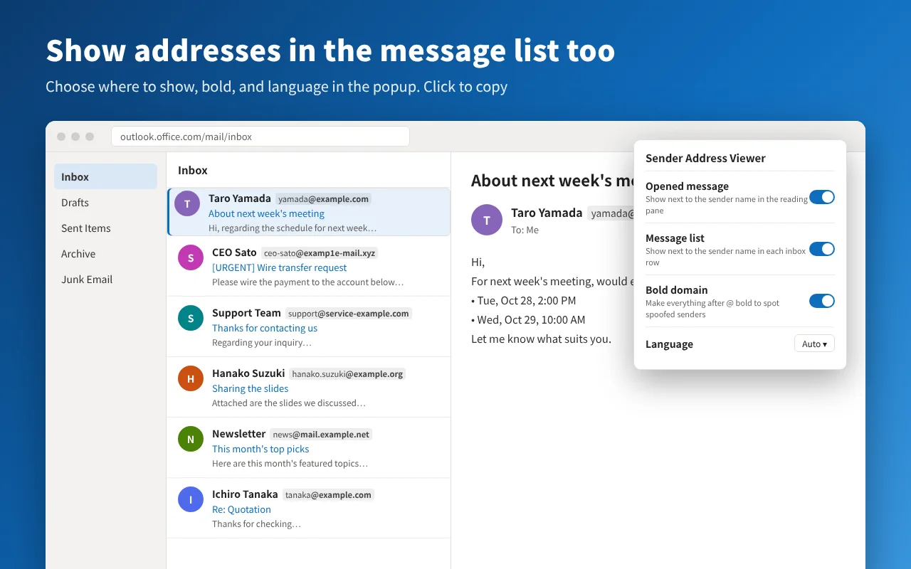 Message list with addresses on every row