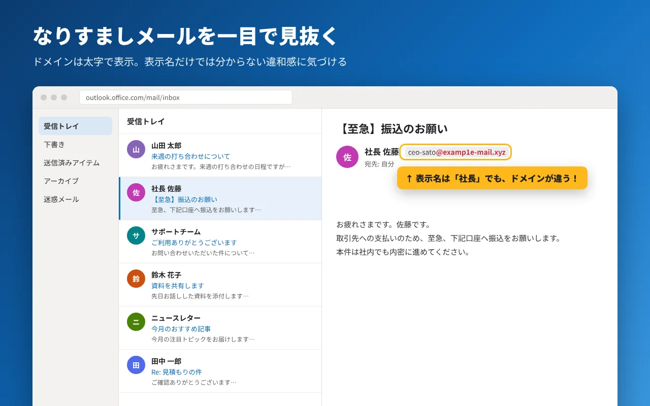 なりすましメールのドメインが太字で表示された画面